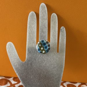 Bague verre soufflé et tissu bleu vert et blanc