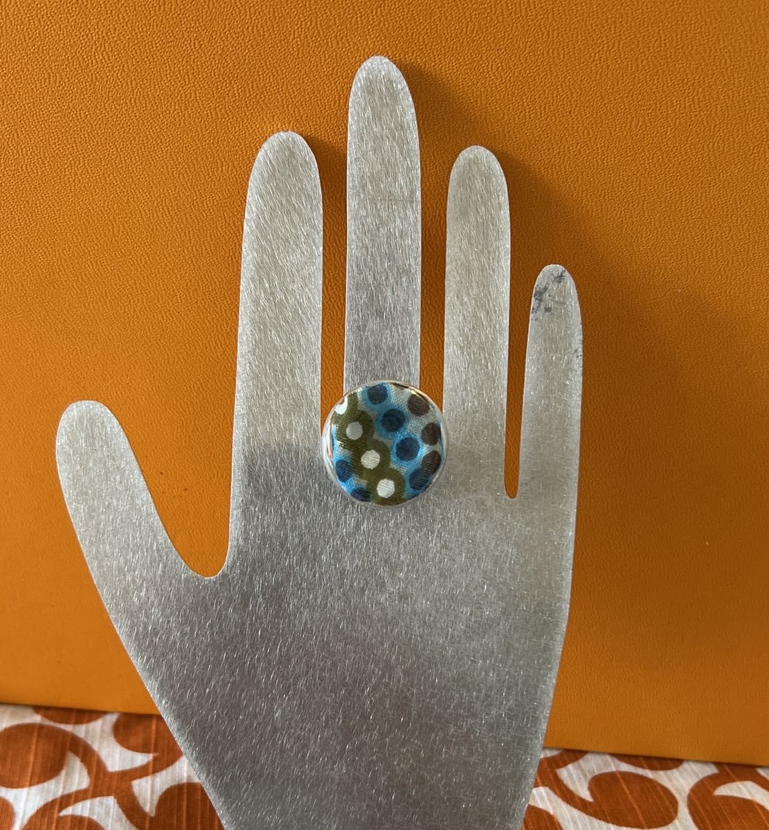 Bague verre soufflé et tissu bleu vert et blanc